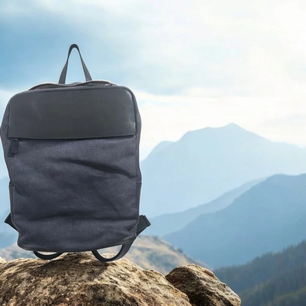 M0851 Leather & Canvas Backpack Black/ Blue